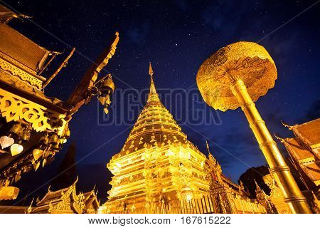 Temple At Night Starry Sky In Thailand