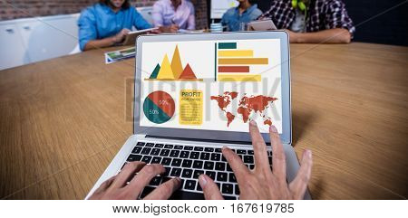 Computer generated image of business presentation against cropped image of woman typing on laptop