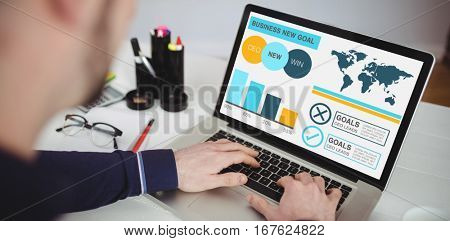 Computer graphic image of business presentation with charts and text against cropped image of man using laptop