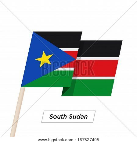 South Sudan Ribbon Waving Flag Isolated on White. Vector Illustration. South Sudan Flag with Sharp Corners