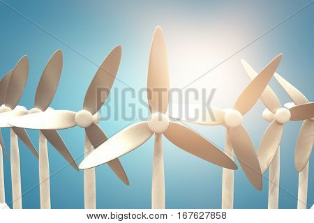 Wind turbine machine against blue vignette background 3d