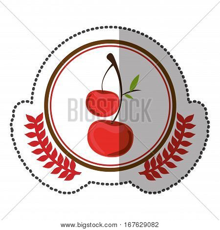 middle shadow sticker colorful with olive crown with cherrys in circle vector illustration