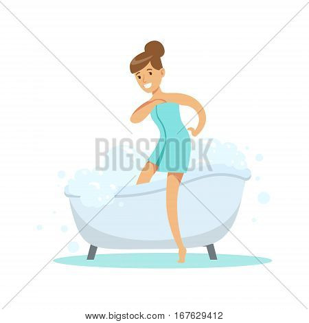 Girl Going Out OF Bathtub, Part Of People In The Bathroom Doing Their Routine Hygiene Procedures Series. Person Using Lavatory Room For The Daily Washing And Personal Cleanup Vector Illustration.