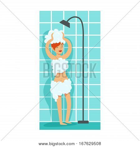 Girl Covered In Foam Taking Shower, Part Of People In The Bathroom Doing Their Routine Hygiene Procedures Series. Person Using Lavatory Room For The Daily Washing And Personal Cleanup Vector Illustration.
