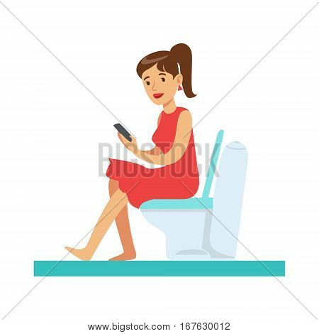 Woman With Gadget In Toilet, Part Of People In The Bathroom Doing Their Routine Hygiene Procedures Series. Person Using Lavatory Room For The Daily Washing And Personal Cleanup Vector Illustration.