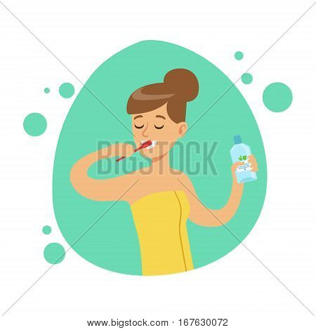 Woman Brushing Teeth, Part Of People In The Bathroom Doing Their Routine Hygiene Procedures Series. Person Using Lavatory Room For The Daily Washing And Personal Cleanup Vector Illustration.