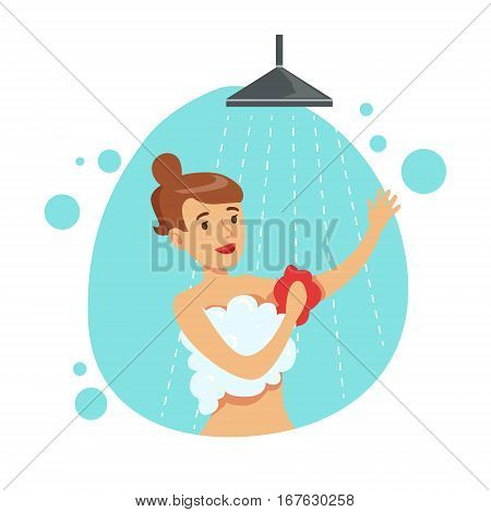 Woman Washing Herself With Sponge In Shower, Part Of People In The Bathroom Doing Their Routine Hygiene Procedures Series. Person Using Lavatory Room For The Daily Washing And Personal Cleanup Vector Illustration.