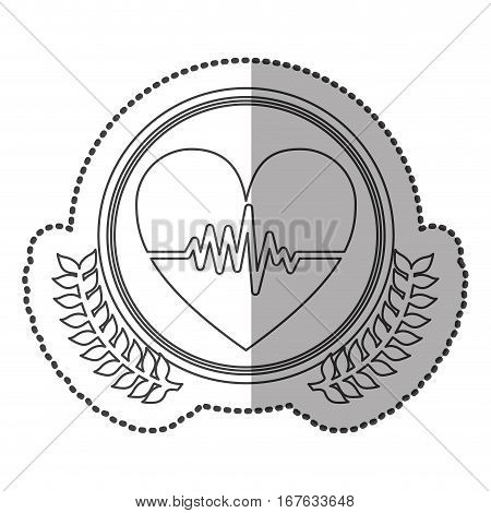 middle shadow sticker monochrome with olive crown with heart with line of vital sign in circle vector illustration