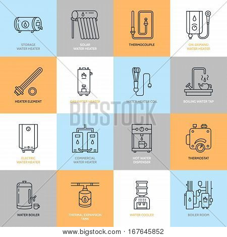 Water heater, boiler, thermostat, electric, gas, solar heaters and other house heating equipment line icons. Thin linear pictogram with editable strokes for hardware store. Household appliances signs.