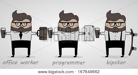 vector illustration cartoon funny man with beard office worker, programmer, hipster