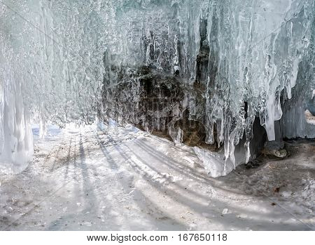 Panorama Dawn In An Ice Cave With Icicles On Baikal, Olkhon