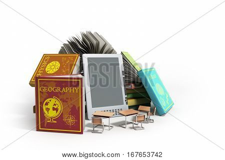 E-book Reader Books And Tablet On Wood 3D Illustration Success Knowlage Concept