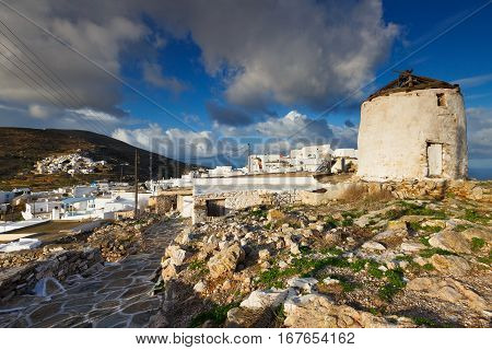 Windmill in Kastro village of Sikinos island.