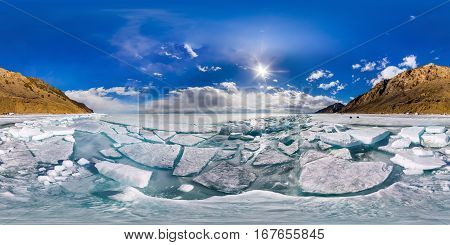 spherical panorama of 360180 degrees Baikal ice hummocks in Olkhon Island.
