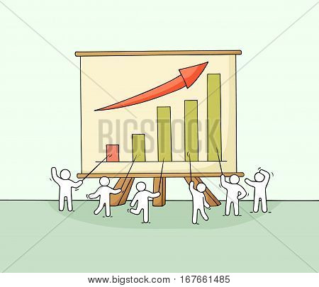 Cartoon working little people with big board. Doodle cute miniature scene about growth and success. Hand drawn vector illustration for business design and infographic.