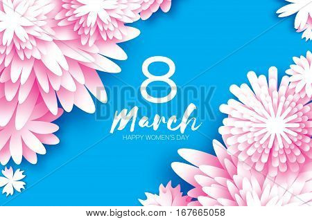 Pink 8 March. Floral Greeting card. Happy Women's Day. Paper cut flower holiday background with square Frame and space for text. Origami Trendy Design Template. Happy Mother's Day. Vector illustration