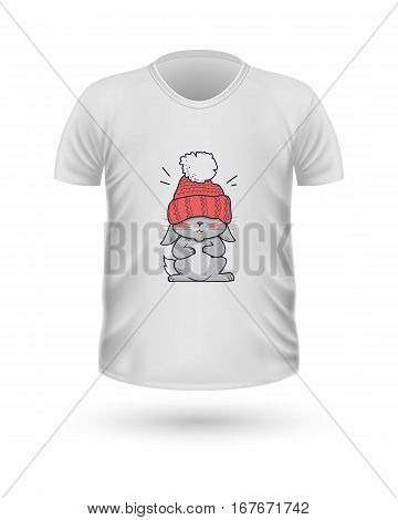 T-shirt front view with animals isolated on white. Realistic t-shirt vector in flat. Cartoon character rabbit in winter cloth. Casual wear. Cotton unisex polo outfit. Fashionable apparel