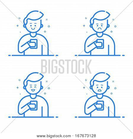 Vector illustration in flat linear style. Boy holding mobile phone with different expressions on his face. Smartphone addict receiving notifications and messages - outline stock vector