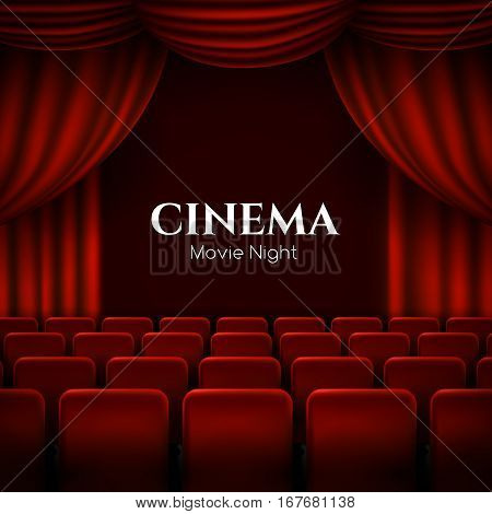 Movie cinema premiere poster design with red curtains. Vector template banner.