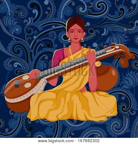 Vector design of artist playing Sitar folk music of India on floral background