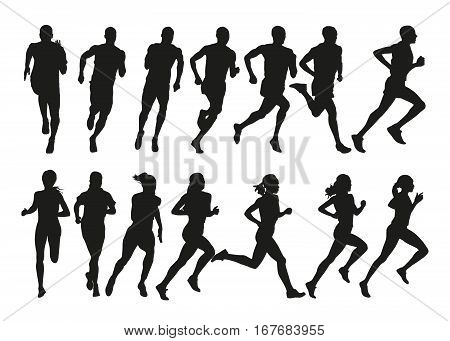 Set of silhouettes of running men and women