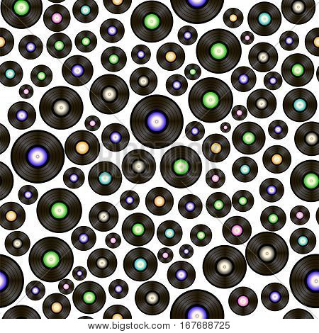 Black Vynil Records Seamless Pattern on White Background