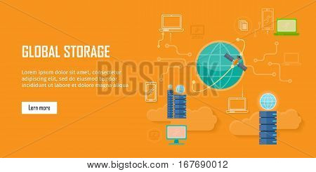 Global storage web banner in flat style. Cloud information saving. Servers, globe, satellite, computer networks icons. Illustration for video presentation or corporate ad animation clip