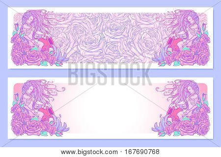 Zodiac sign Aquarius. Young man with long hair holding large amphora. Frame of roses. Water flowing out. Vintage art nouveau style concept art for horoscope or tattoo. Horizontal banners set