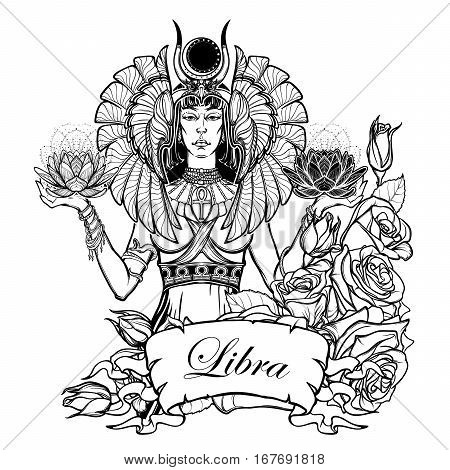 Zodiac sign Libra. Egyptian goddess Isis balancing in hands black and white lotus as a symbol of equilibrium. Vintage art nouveau style concept art for horoscope or tattoo. EPS10 vector