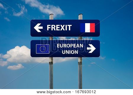 a concept of two road signs french elections (frexit)and european union