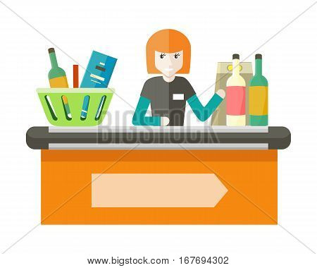 Cashier behind the store counter and cash register. Flat design. Smiling woman cashier sits behind the cash register and ringing drinks. Selling of alcohol and alcoholic beverages in the supermarket.