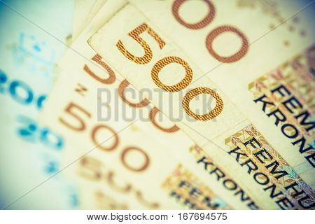 Norwegian Krones. Five Hundred Krones Bills Closeup Photo.
