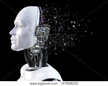 3D rendering of the head of a male robot. The head is breaking apart like it's exploding. Black background.