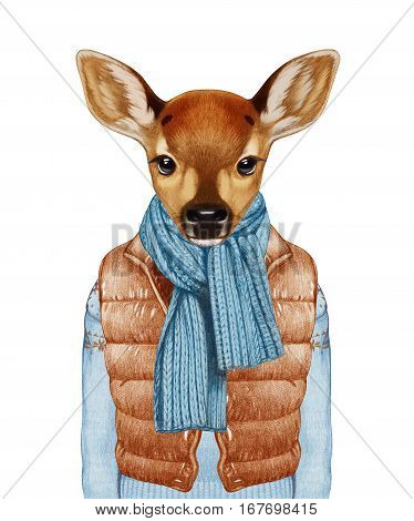 Animals as a human. Fawn in down vest, sweater and scarf. Hand-drawn illustration, digitally colored.