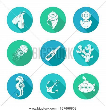 Set of nine icons on the theme of the underwater world.