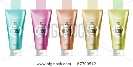 Realistic face or body beauty care cosmetic product plastic container set vector illustration. Cleanser, lotion, tonic, shower gel, shampoo, cream 3D tube. New cosmetic youth brand packaging template