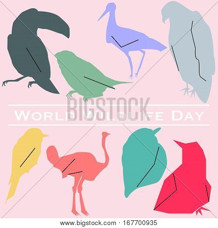 Vector illustration of World Wildlife Day with birds in pastels.March 3. Can be used for your design, card, banner, poster and calendar.