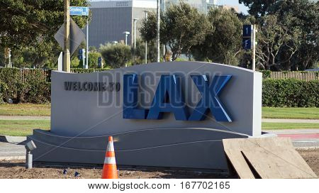 LOS ANGELES, CALIFORNIA, UNITED STATES - OCT 9th, 2014:: The Welcome to LAX sign on Sepulveda Blvd. The LA airport is the sixth busiest in the world and third busiest in the U.S.