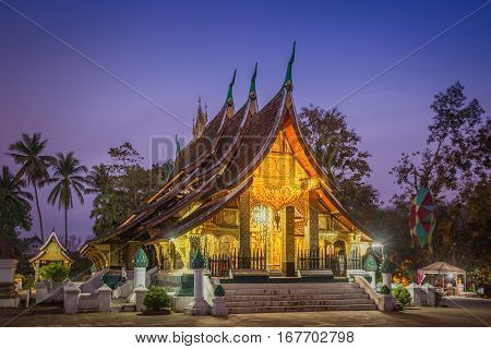 Wat Xieng thong temple at twilight time in Luang Pra bang Laos.