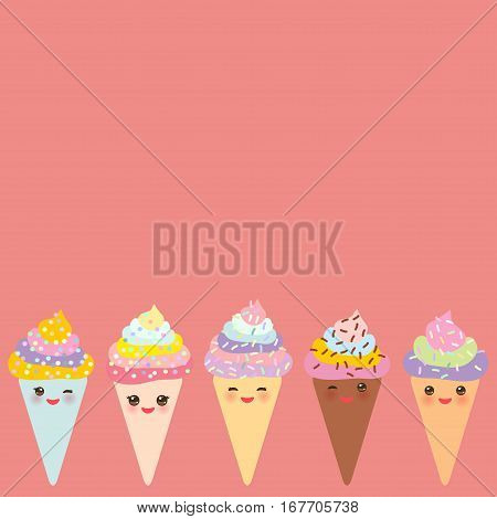 Card design for your text banner template Kawaii funny Ice cream waffle cone muzzle with pink cheeks and winking eyes pastel colors on pink background. Vector illustration