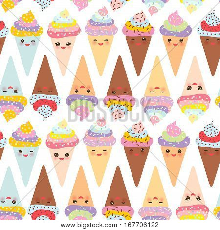 seamless pattern Kawaii funny Ice cream waffle cone muzzle with pink cheeks and winking eyes pastel colors on white background. Vector illustration