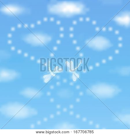 Valentine's day background with two hearts drawn by dragonflies in a blue sky with clouds