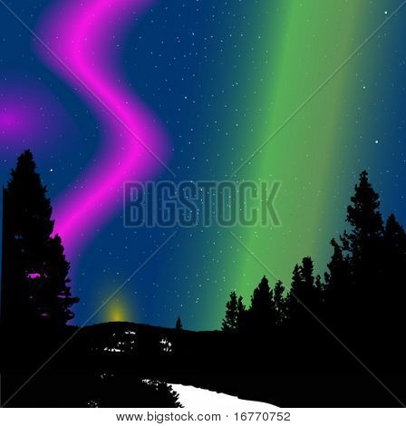 Nature's Christmas Lights, ein Berg & Wald Szene unter einem Display der Aurora Borealis.