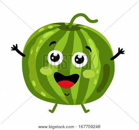 Cute fruit watermelon cartoon character isolated on white background vector illustration. Funny positive and friendly watermelon emoticon face icon. Happy smile cartoon face food emoji, comical fruit