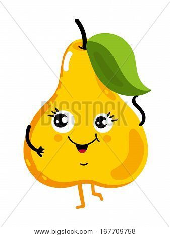 Cute fruit pear cartoon character isolated on white background vector illustration. Funny positive and friendly pear emoticon face icon. Happy smile cartoon face food emoji, comical fruit mascot
