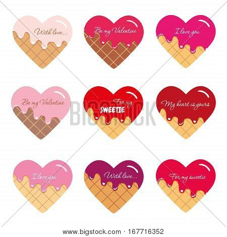 Valentines day stickers. Waffel hearts with melted cream and red syrup. Bright and pastel colors.
