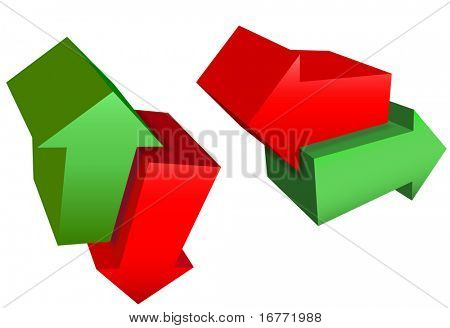 Een set van rood en groen 3D pijl pictogram symbolen punt in rechts, links, omhoog, omlaag, noorden, zuiden, Oosten, en