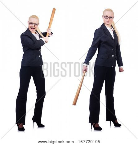 Businesswoman with baseball bat on white