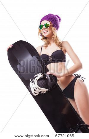 Beautifull Woman In Bikini With Snowboard