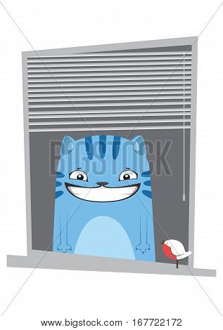 Funny cute cartoon smiling cat in the window.